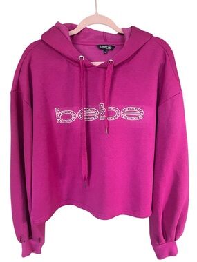 Bebe Sport Hot Pink Cropped Hoodie Sweatshirt Embellished Logo Y2K Cozy Size XL